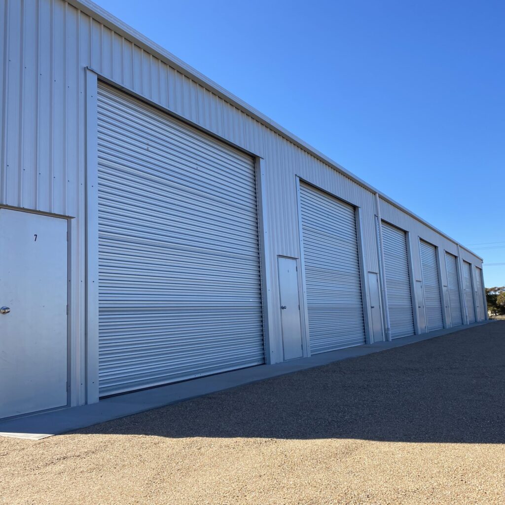 Large storage sheds in a row.